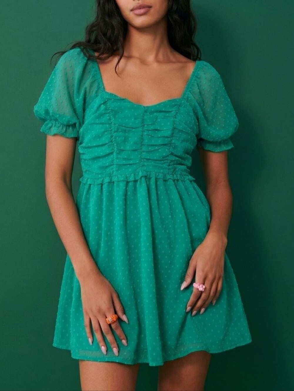 Andree by Unit Green Mini Dress Large Womens Dot Puff Sleeves Ruched Cocktail